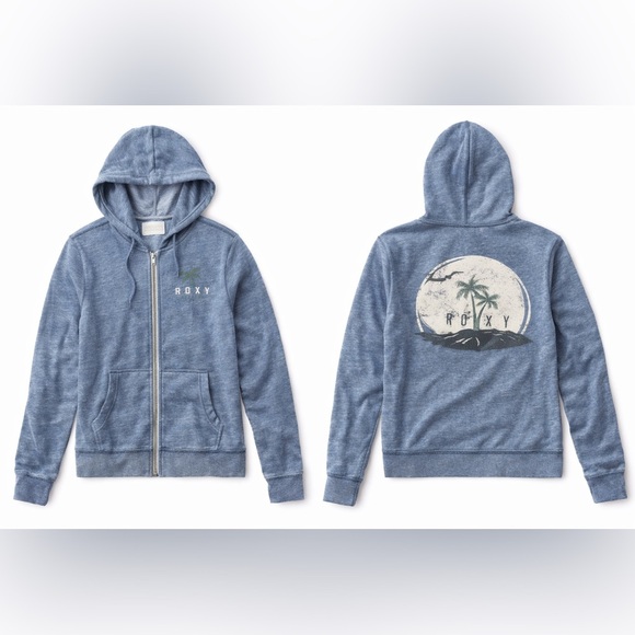 Roxy Tops - Roxy Zip-Up Hoodie Blue Palm Tree Logo Full Zip Size Small